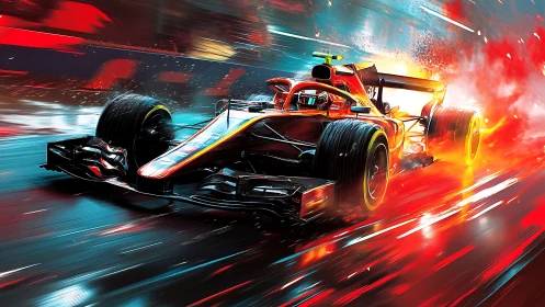 Formula race car cuts neon wet track with explosive speed