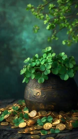 Golden coins and clovers spill warmly from an ornate pot