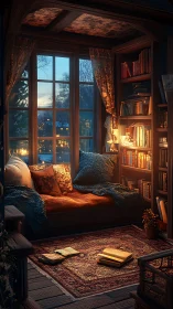 Cozy window reading nook glows with warm evening light