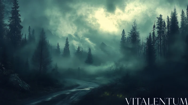 Foggy conifer forest road under pale dawn light.