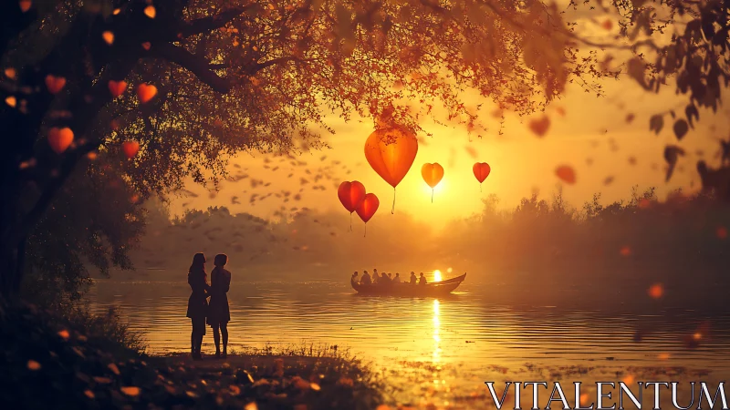 Romantic Sunset Over River: Heart-Shaped Balloons Floating Above Silhouetted Couple.