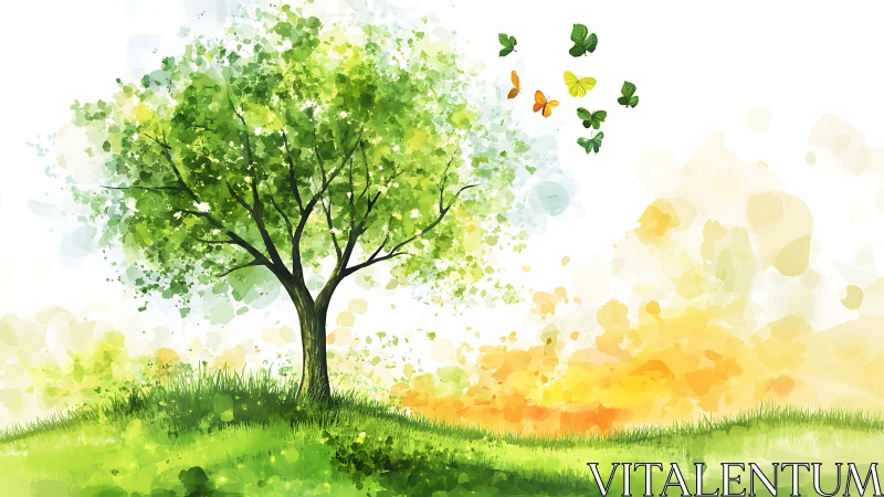 Spring tree anchors sunlit meadow with drifting butterflies
