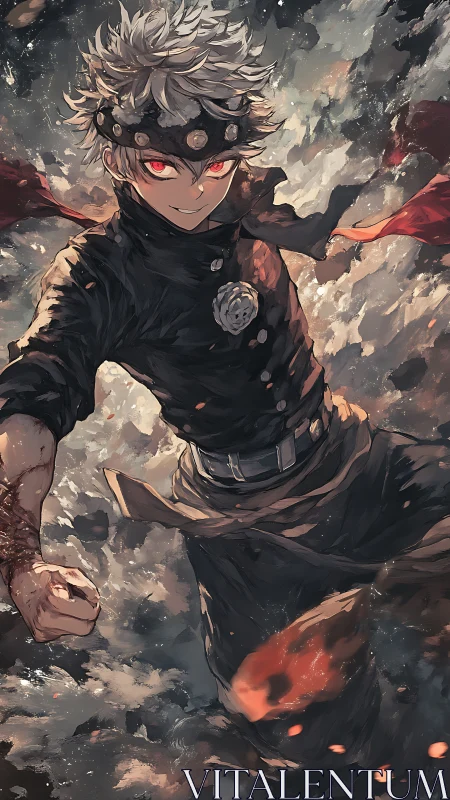 Silver haired anime fighter with red eyes in motion.