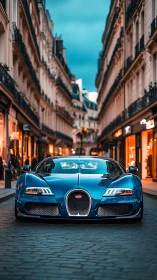 Midnight blue hypercar prowls between glowing Parisian facades