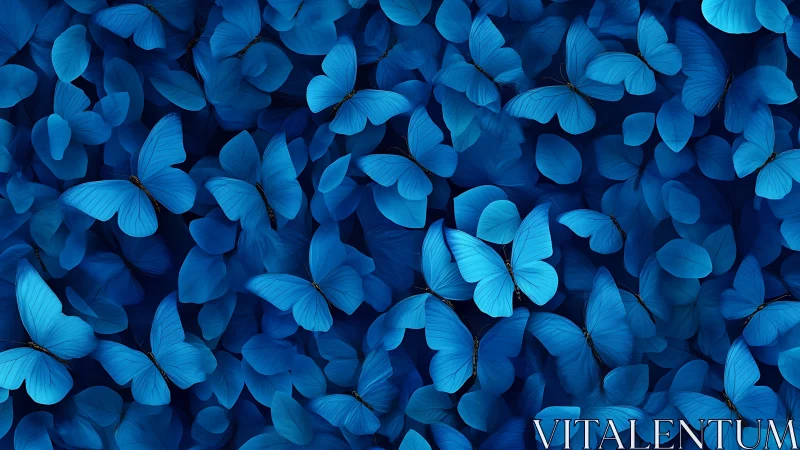 Blue morpho butterflies in dense layered digital swarm pattern.