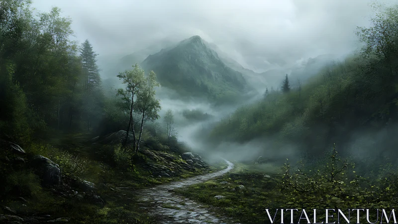 Misty mountain valley holds winding stone forest path
