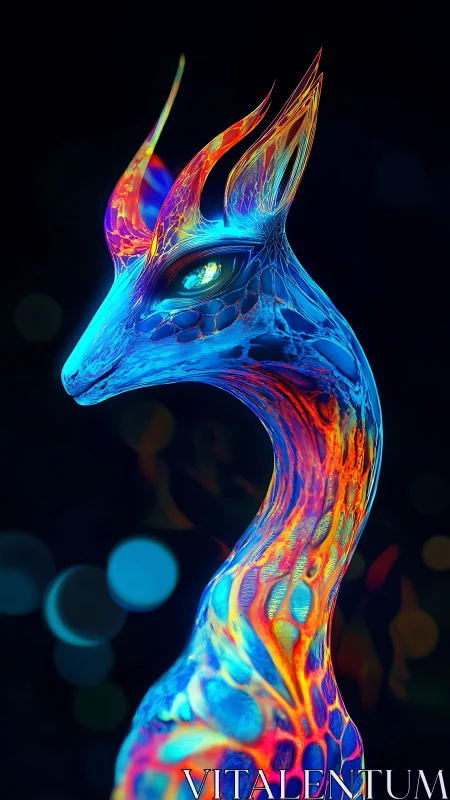 Bioluminescent alien cervid portrait with iridescent fractal skin