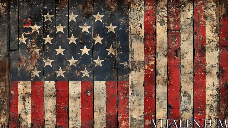 Weathered American flag on rustic wooden planks wall art.