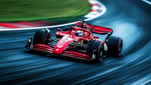 Red Formula race car cornering on wet track at speed.