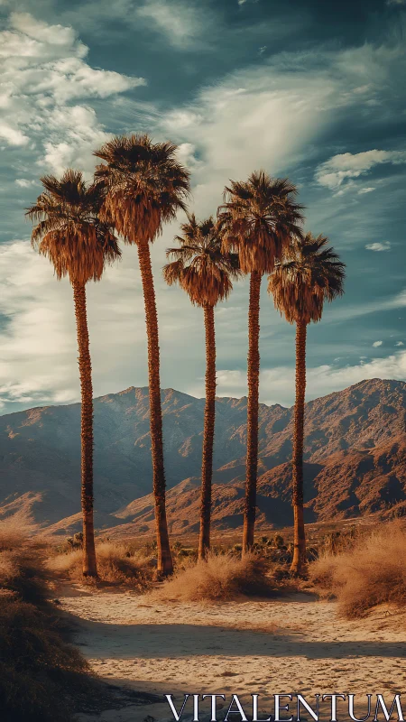 Sunlit desert palms stand quietly before distant mountains