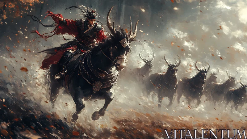 Armored warlord on horned steed leading cavalry charge in mist