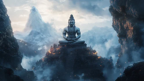 Monumental Shiva statue dominates mist-laden volcanic mountain basin