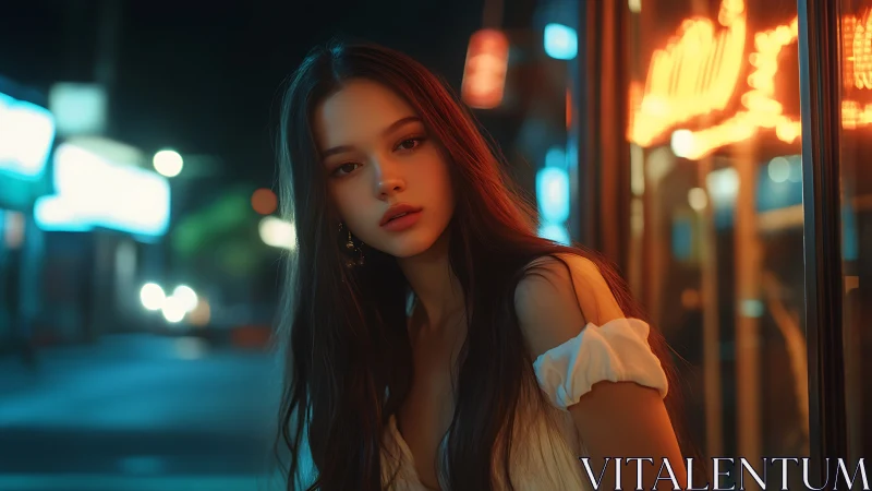 Cinematic night portrait beside neon storefront with shallow depth