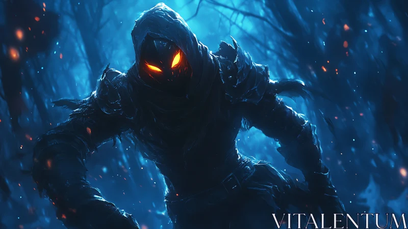 Hooded dark figure with glowing eyes advances in blue forest