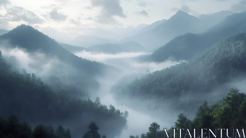 Gentle misty mountains embracing a quiet winding river.