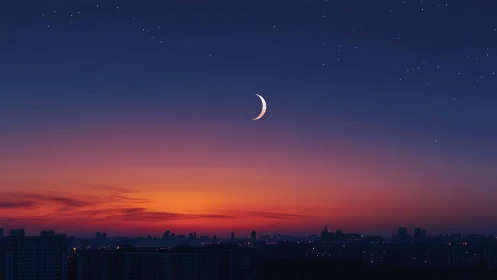 Crescent moon over city skyline at deep blue sunset.