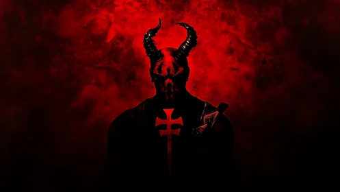Horned demonic warrior silhouette against textured red smoke field