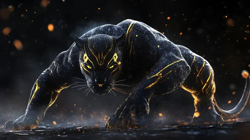 Glowing cyber panther crouches in sparks and shadowed mist.