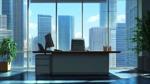 Modern Executive Office Interior with Skyline View