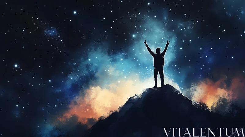 Silhouette triumphant atop star‑splashed cosmic summit.