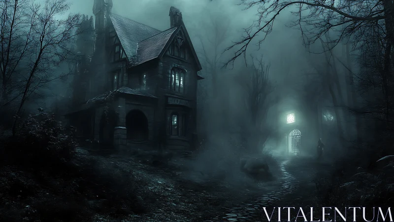 Gothic mansion in nocturnal fog, cinematic horror composition.
