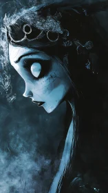 Haunting blue ghost bride gazes into the swirling darkness.