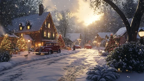 Cozy snowy village street glowing with gentle holiday lights.