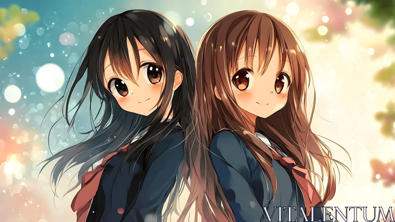 Anime schoolgirls under glowing bokeh sky at sunset.