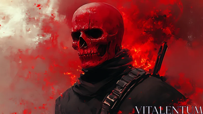 Red skeletal figure in tactical gear amid abstract flames.