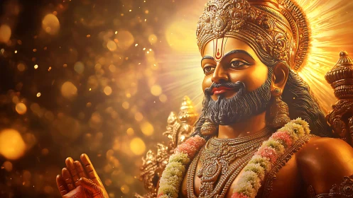 Radiant golden deity sculpture under volumetric bokeh illumination.