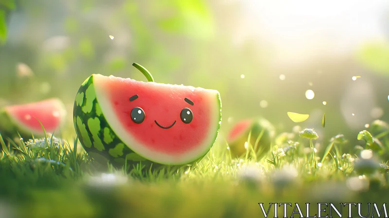 Cartoon watermelon slice with face on grass in sunlight.