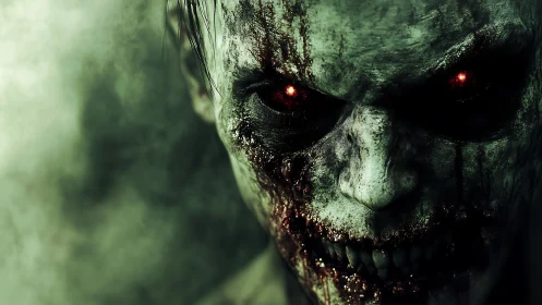 Digital close-up depicts decayed humanoid face with red eyes