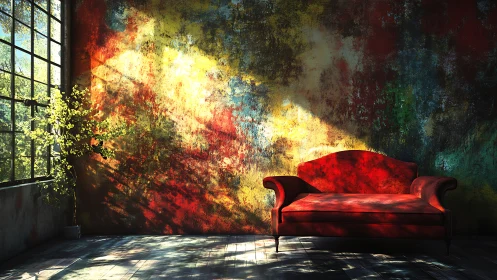 Red velvet sofa rests before sunlit abstract textured wall