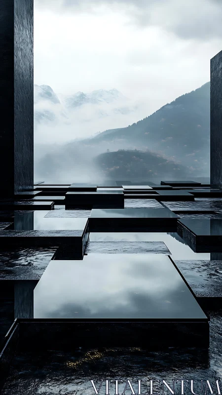 Reflective platforms lead into a misty mountain horizon