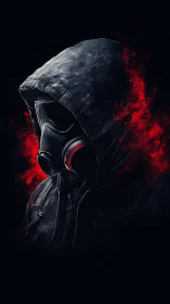 Hooded gas mask figure with red smoke on black field.