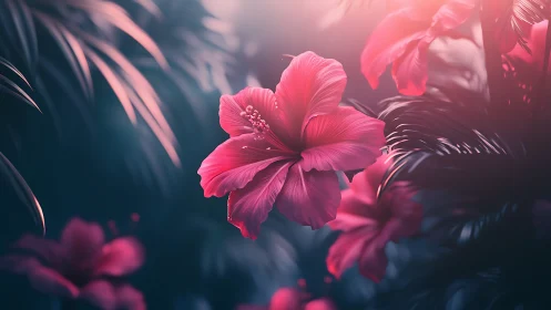 Hibiscus flowers illuminated with intense directional backlighting and atmospheric volumetric render