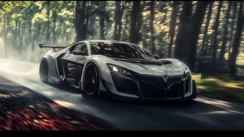Wide-body white supercar drifts through a shaded forest road