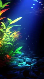 Luminous aquatic plants glow softly in a tranquil blue tank