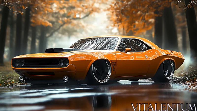 Sunset-orange muscle car prowls through a misty autumn lane