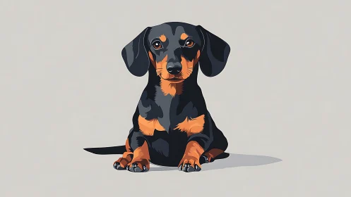 Dachshund puppy illustration sits in minimalist studio space.