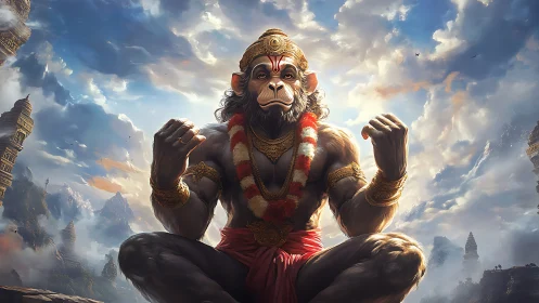 Skyborne monkey deity meditates amid swirling temple clouds.