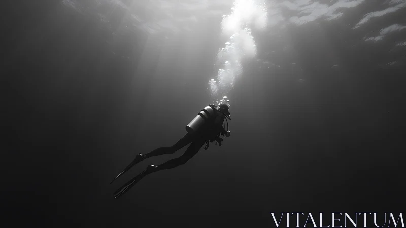 Solitary scuba diver drifting through quiet sunlit depths.