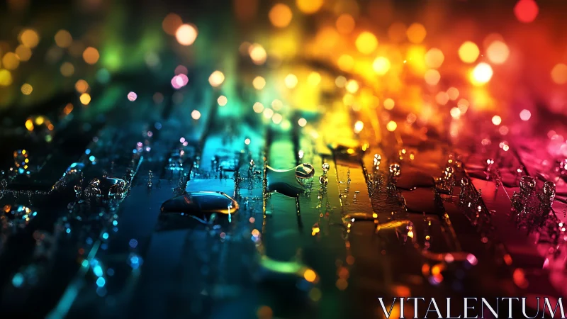 Rainbow droplets shimmer across glowing abstract surface.