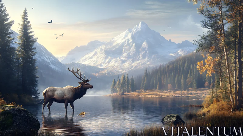 Majestic elk stands in alpine lake before snowbound mountains