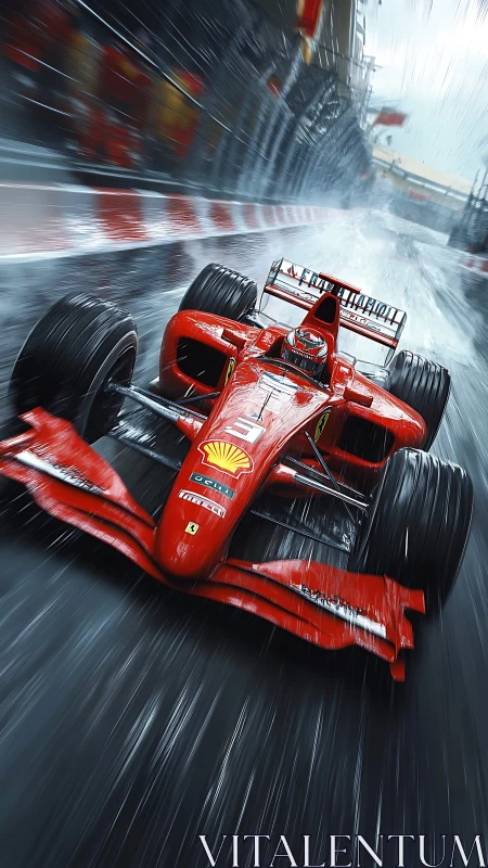 Red formula racer slicing through a rainy city circuit.