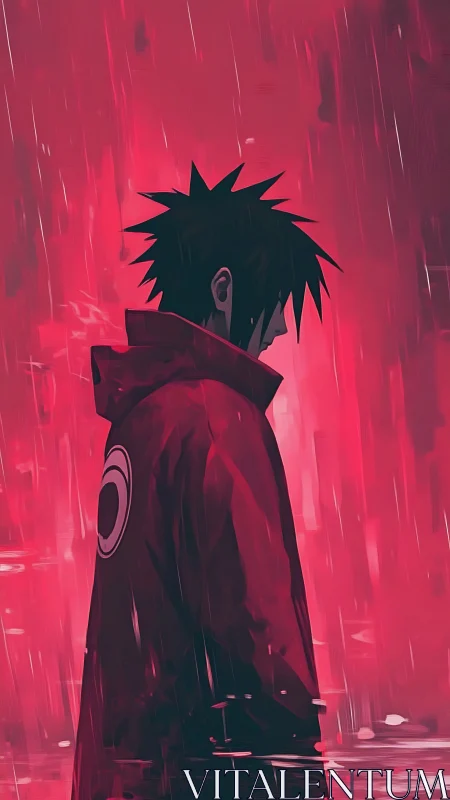 Crimson rain crowns a lone anime wanderer in shadowed calm.