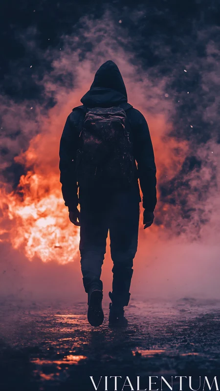 Hooded wanderer strides forward through glowing city smoke.