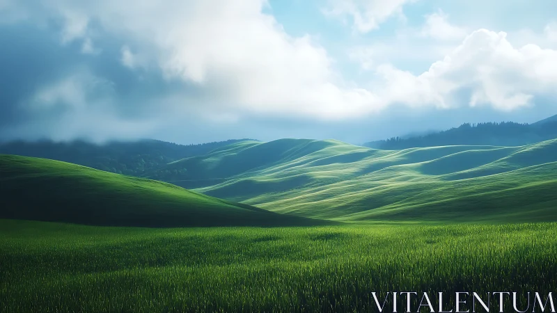 Sunlit waves of emerald hills under roaming stormlight.