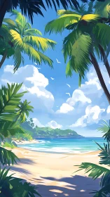 Tropical beach scene framed by palm trees and bright cloudless sky.