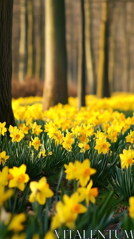 Golden daffodils carpet forest floor beneath towering trees